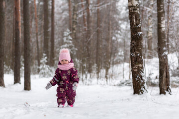 A little girl walks in a winter snowy forest, New Year holidays, winter, snow.