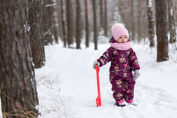 Fototapeta na wymiar A little girl stands in the middle of a snowy forest with a red shovel in her hands. Winter.