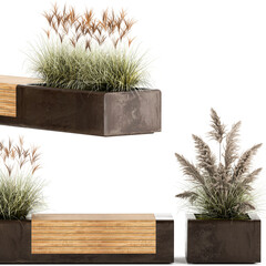 Bench With Flowerpot And Bushes For Outdoor Decor on a white background
