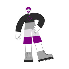 Asexual person standing. Ace queer character with flag, symbols and purple grey colors. LGBTQA pride. International asexuality day. Awareness and visibility week.