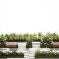 Fototapeta na wymiar Bushes And A Bench With Paving Slabs For An urban environment on a white background