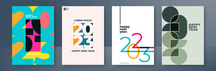 Happy New 2023 Year posters set. Typography geometric logo 2023 for branding, banner, cover, invitation card.