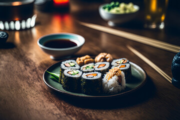 Tasty sushi on a table in a restaurant
