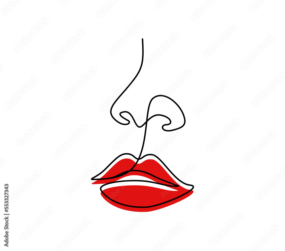 Poster One continuous line drawing of lips with red lipstick. Abstract face portrait of makeup in simple linear style. Symbol icon for posters, cards, banner, template, web. Doodle vector illustration
