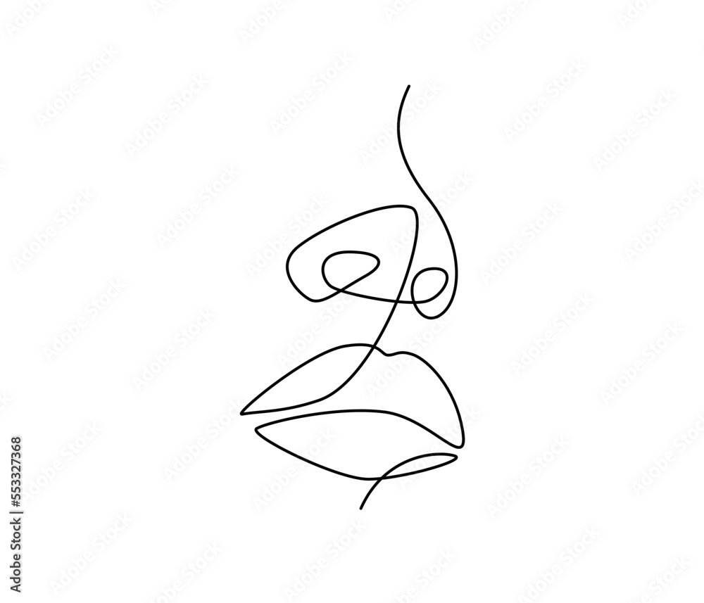 Poster one continuous line drawing of mouth and lips. minimalistic portrait of makeup and lipstick in simpl