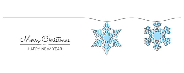 One continuous line drawing of christmas snowflake. Winter holidays and cold blue flakes symbol in simple linear style. Holiday icon with empty space in editable stroke. Doodle vector illustration