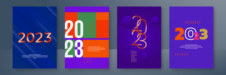 2023 colorful set of Happy New Year poster. Abstract design typography logo 2023 for vector celebration and season decoration, backgrounds, branding, banner, cover, card and or social media template.