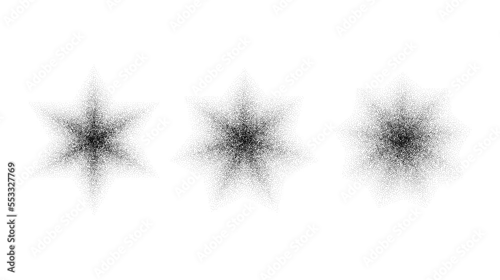 Aufkleber dotted grain stars set. black noise texture asterisks collection. black stipple flares. halftone spa