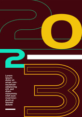 2023 colorful set of Happy New Year posters. Abstract design typography logo 2023 for vector celebration and season decoration, backgrounds, branding, banner, cover, card and or social media template.