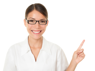 Optician woman pointing and showing wearing eye glasses. Eyewear concept with multiracial Asian / Caucasian female model isolated cutout PNG on transparent background.