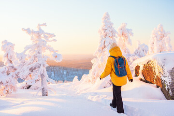 Young woman in winter forest in Finland - 553328155