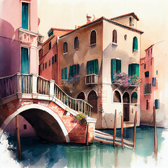 Venice landscape watercolor houses and bridge