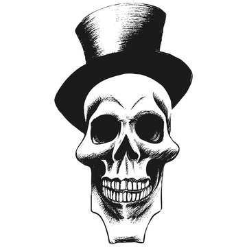 top hat skull tattoo picture vector hand drawn ,black and white clip art