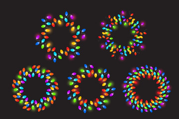 Set of 5 color round garland lights. Glowing christmas lights on dark background. Vector illustration festive strands of Christmas lights.