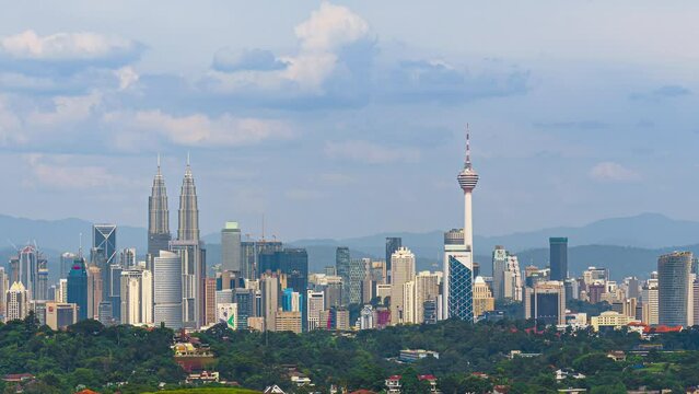 Wide angle KL time lapse with fast rolling clouds against the busy Kuala Lumpur city skyline during day with blue skies to dramatic clouds. Tilt up motion timelapse. Prores 4KUHD.