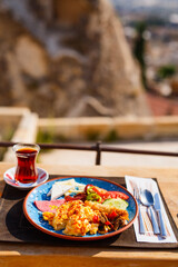 Turkish breakfast with scrambled eggs