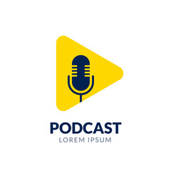 Podcast mic icon symbol logo microphone talk audio. Music radio tech podcast logo label sound studio vector icon.