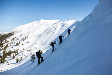 Fototapeta na wymiar a team of ski tourists is actively climbing up a mountain range with overhanging snow cornices