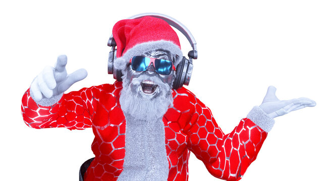 portrait of funy Santa Claus wearing sunglasses and headphones smiling at camera ready to enjoy Christmas party listening to the music  render 3d