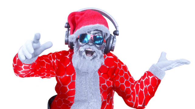 portrait of funy Santa Claus wearing sunglasses and headphones smiling at camera ready to enjoy Christmas party listening to the music  render 3d