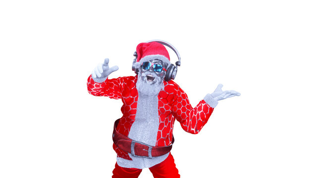 portrait of funy Santa Claus wearing sunglasses and headphones smiling at camera ready to enjoy Christmas party listening to the music  render 3d