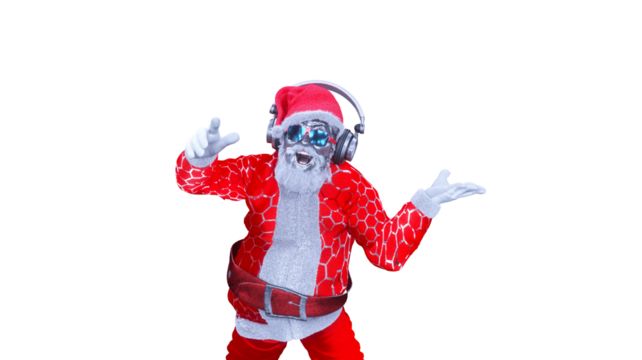 portrait of funy Santa Claus wearing sunglasses and headphones smiling at camera ready to enjoy Christmas party listening to the music  render 3d