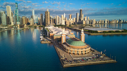 Beautiful aerial view of entire Navy Pier and Chicago skyline in morning light