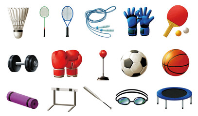 Set of colorful sport gaming items. Healthy lifestyle tools, elements. Vector Illustration