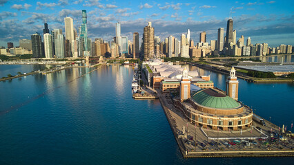 Morning light over beautiful Navy Pier and Chicago skyline on Lake Michigan