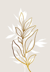 Graphical leaves illustration. Floral line art, minimal pattern background.