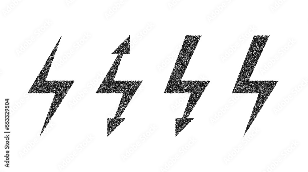 Poster grunge lightning bolt set. black noise texture thunderbolt collection. stipple flash symbols. dotted