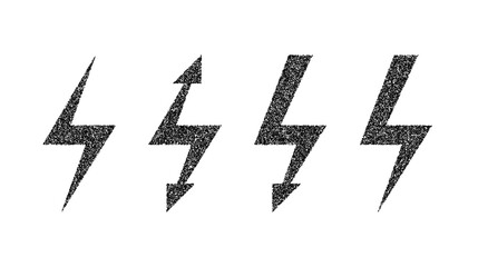 Grunge lightning bolt set. Black noise texture thunderbolt collection. Stipple flash symbols. Dotted grain lightning strike signs. Vector