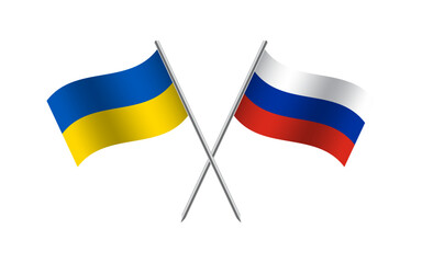 Flying flags of Ukraine and Russia. Ukrainian and Russian state symbol. Ukrainian symbol of independence and freedom. Vector illustration