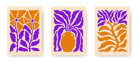 Fototapeta na wymiar Vector set of abstract blossom flower posters. Trendy minimalistic aesthetic botanical wall arts with floral plants, leafs in hippie and Matisse modern cut out style. Naive groovy funky illustrations