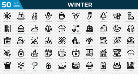 Winter icons in line style. Snowflake, tea, sweater. Outline icons collection. Holiday symbol. Vector illustration