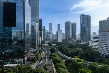 magnificent view of panoramic jakarta skyline with drone. Jakarta is the capital city of indonesia © alfin