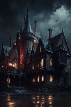 Magical castle in stormy raining night digital art