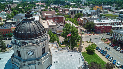 Aerial by Courthouse in Bloomington Indiana with tourist district