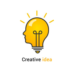 Brain think idea mind bulb head vector icon. Man face human head creative idea symbol.