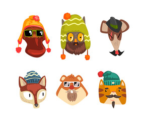 Fototapeta premium Cute Animal Heads Wearing Stylish Headgears and Sunglasses Vector Set