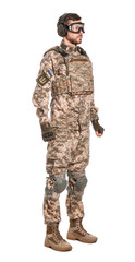 Soldier in Ukrainian military uniform, tactical goggles and headphones on white background