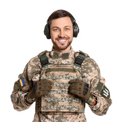 Ukrainian soldier in military uniform and active tactical headphones on white background