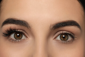 Beautiful young woman showing extended and ordinary eyelashes, closeup