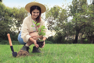 Naklejka na ściany i meble Young woman planting tree in garden, space for text