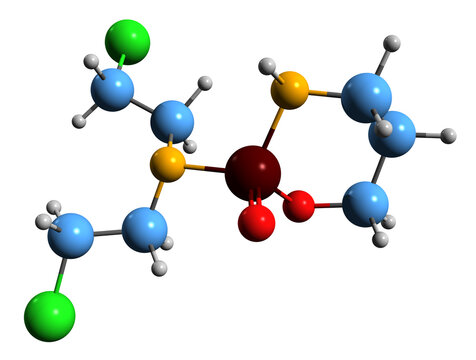  3D image of Cyclophosphamide skeletal formula - molecular chemical structure of cytophosphane isolated on white background