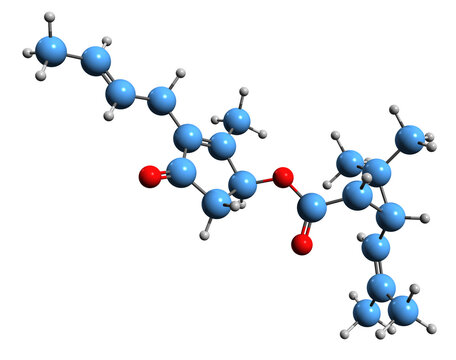  3D image of Cinerin I skeletal formula - molecular chemical structure of pyrethrin insecticide isolated on white background