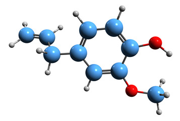  3D image of Eugenol skeletal formula - molecular chemical structure of Caryophyllic acid isolated on white background