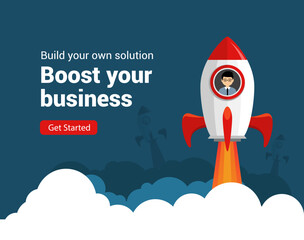Business startup rocket launch flat vector illustration. Startup space design rocketship innovation product