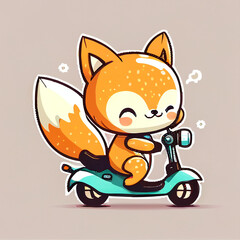 illustration of a red cute fox riding a scooter, generative AI