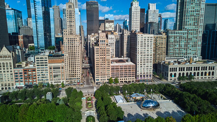 Chicago aerial view at Millennium Park looking down street and by Cloud Gat The Bean